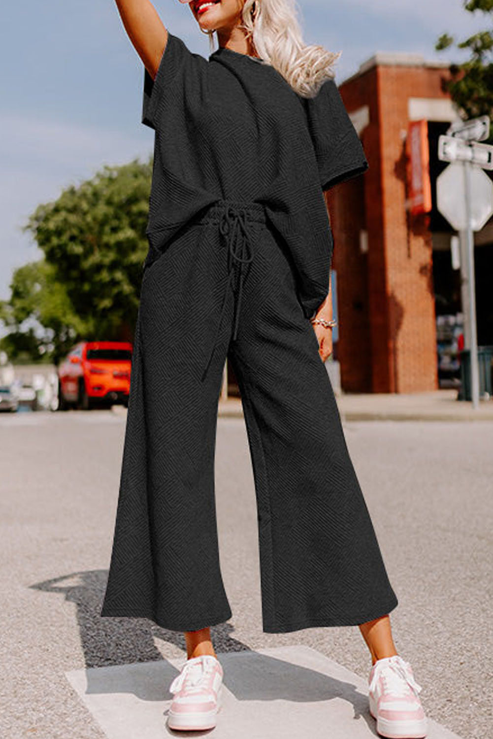 Black Textured Loose Fit T-Shirt and Drawstring Pants Set