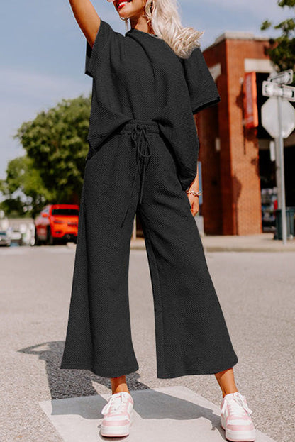 Black Textured Loose Fit T-Shirt and Drawstring Pants Set