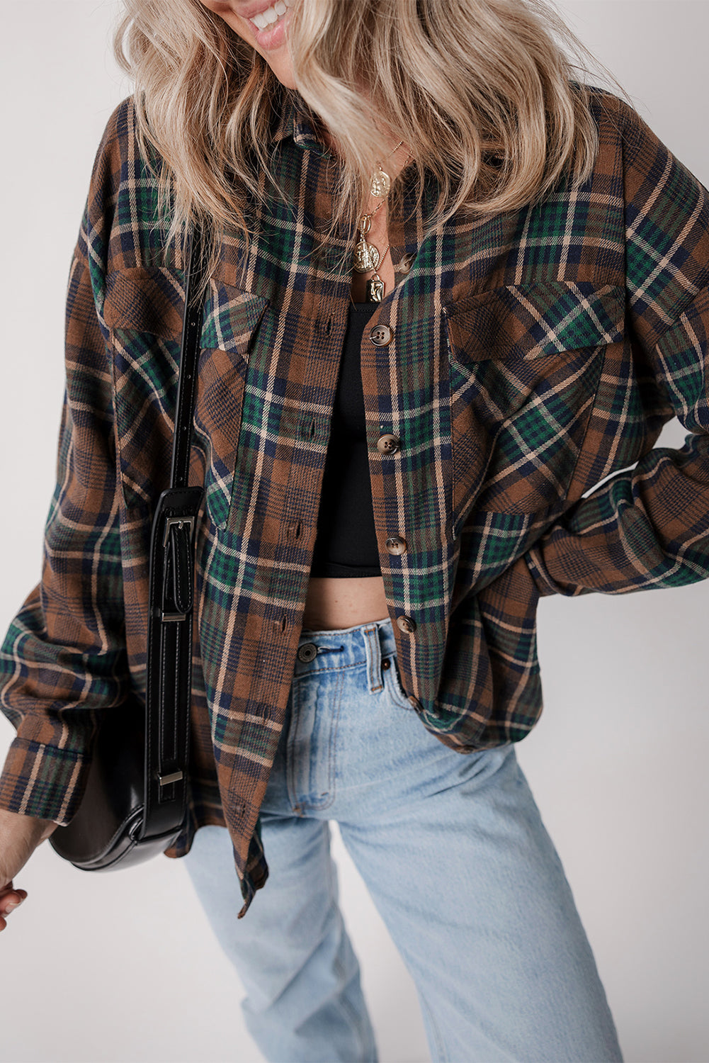 Brown Plaid Print Chest Pockets Buttoned Shirt Jacket