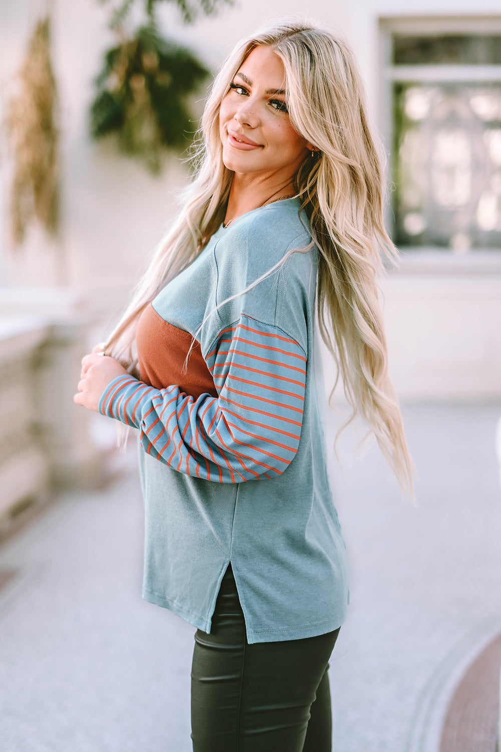 Green Color block Striped Bishop Sleeve Top