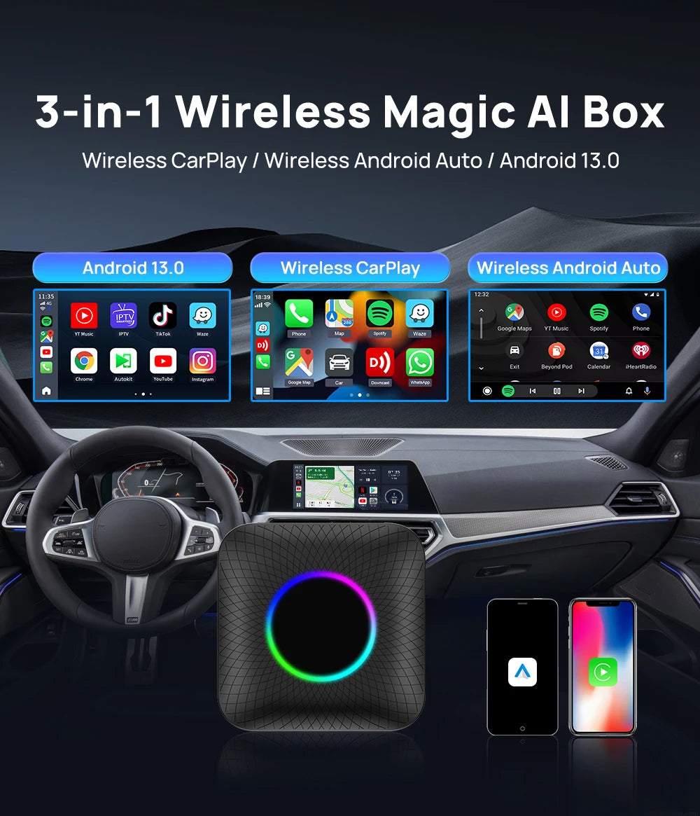 Carlinkit 3-in-1 Wireless 8G+128GB Magic AI Box Portable Carplay Android 13 System Wireless Android Auto Carplay For CN EAU