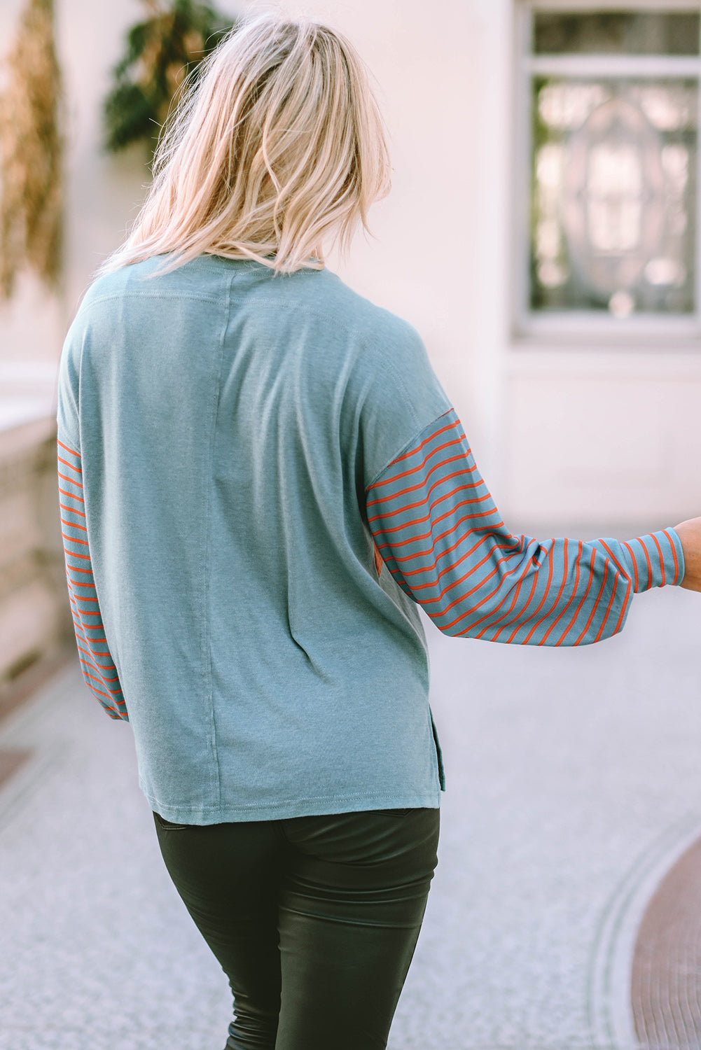 Green Color block Striped Bishop Sleeve Top