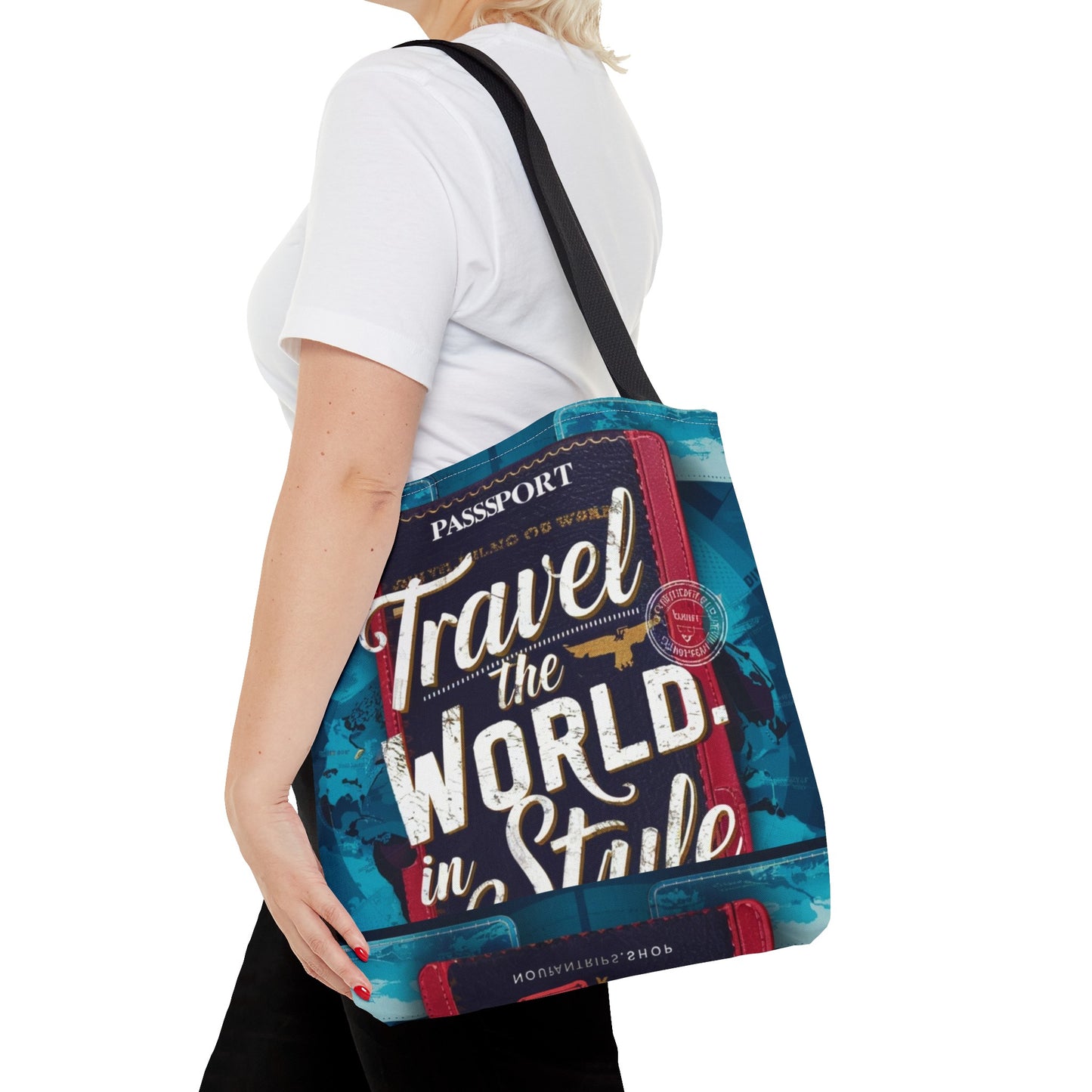 Custom-Printed Tote Bags - Durable and Stylish Polyester with Multiple Handle Colors | Available in 3 Sizes | High-End Dye Sublimation Prints | NouranTrips.shop" (AOP)