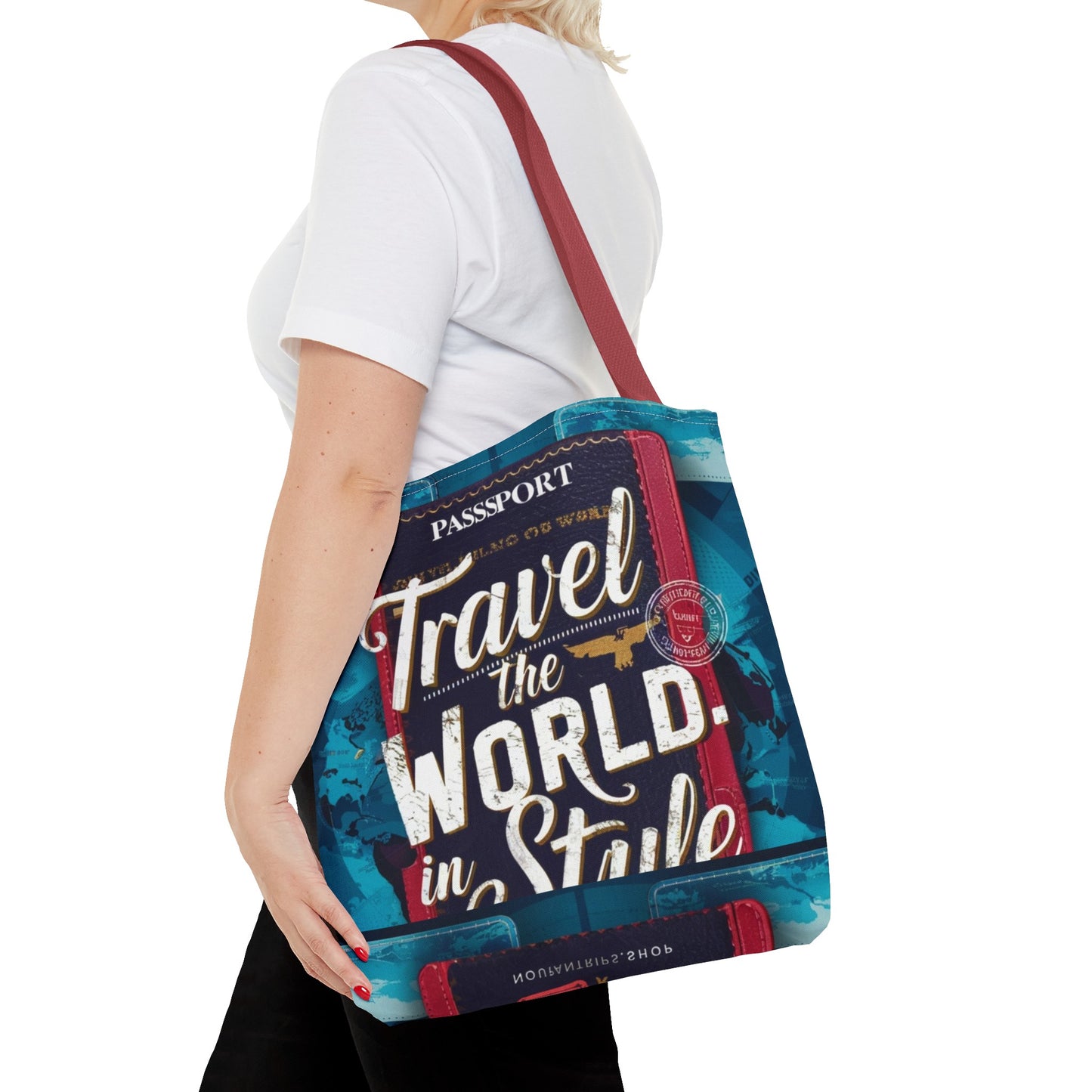 Custom-Printed Tote Bags - Durable and Stylish Polyester with Multiple Handle Colors | Available in 3 Sizes | High-End Dye Sublimation Prints | NouranTrips.shop" (AOP)