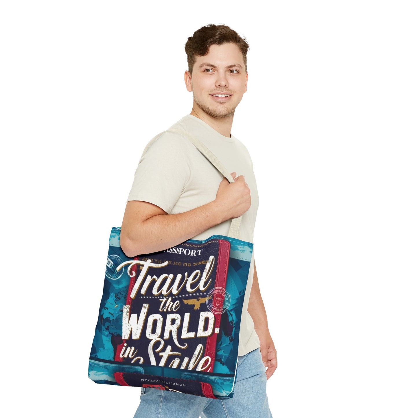 Custom-Printed Tote Bags - Durable and Stylish Polyester with Multiple Handle Colors | Available in 3 Sizes | High-End Dye Sublimation Prints | NouranTrips.shop" (AOP)