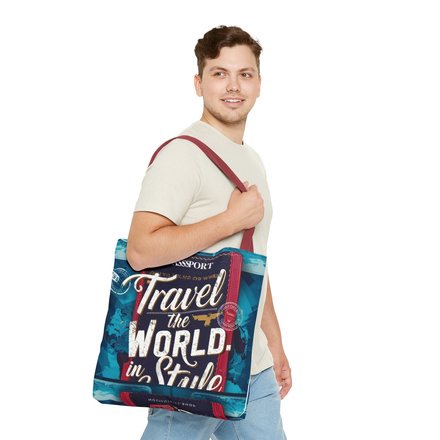 Custom-Printed Tote Bags - Durable and Stylish Polyester with Multiple Handle Colors | Available in 3 Sizes | High-End Dye Sublimation Prints | NouranTrips.shop" (AOP)