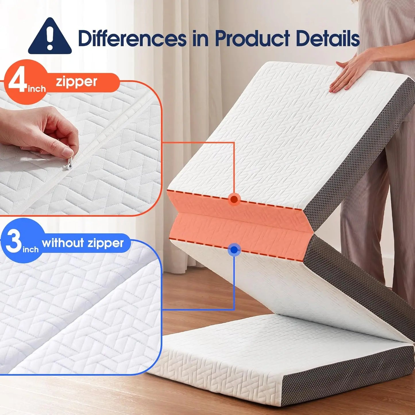 4 Inch Tri Folding Mattress Twin Size with Storage Bag, Foldable Memory Foam Topper Portable Floor Guest Bed with Removable Cove