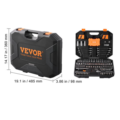 VEVOR Mechanics Tool Set And Socket Set,  Drive Deep And Standard Sockets, 145 Pcs SAE And Metric Mechanic Tool Kit With Bits, Combination Wrench, Hex Wrenches, Accessories, Storage Case