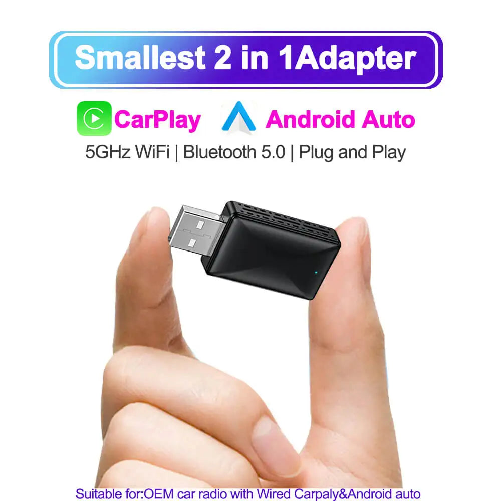 2in1 Wired to Wireless CarPlay Android Auto Adapter for OEM Car Stereo With USB Plug and Play