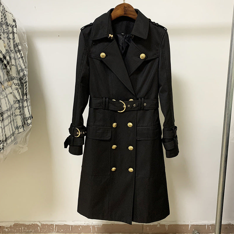 Buckle double-breasted belted long trench coat