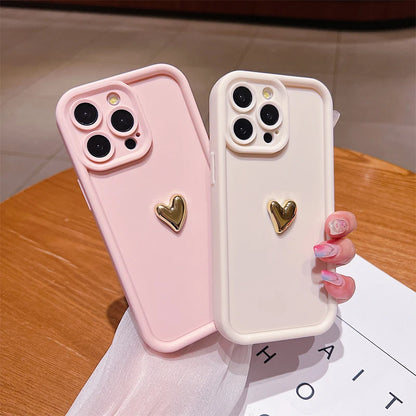 3D Gold Heart Silicone Soft Phone Case For iPhone 15 14 13 12 11 16 Pro Max XS XR 7 8 Plus SE 2020 Shockproof Candy Matte Cover