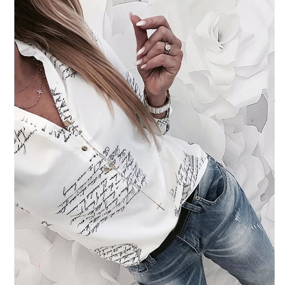 Printed V-neck Button Blouse: Women's White Long Sleeve Fashion Top (Plus Size)