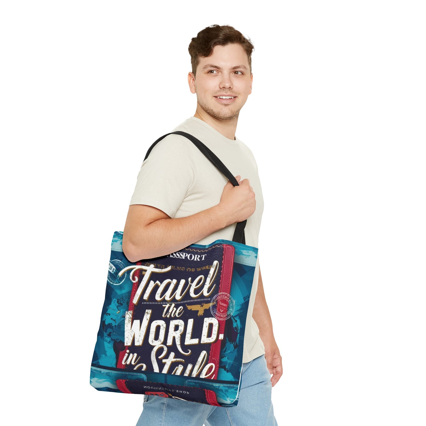 Custom-Printed Tote Bags - Durable and Stylish Polyester with Multiple Handle Colors | Available in 3 Sizes | High-End Dye Sublimation Prints | NouranTrips.shop" (AOP)