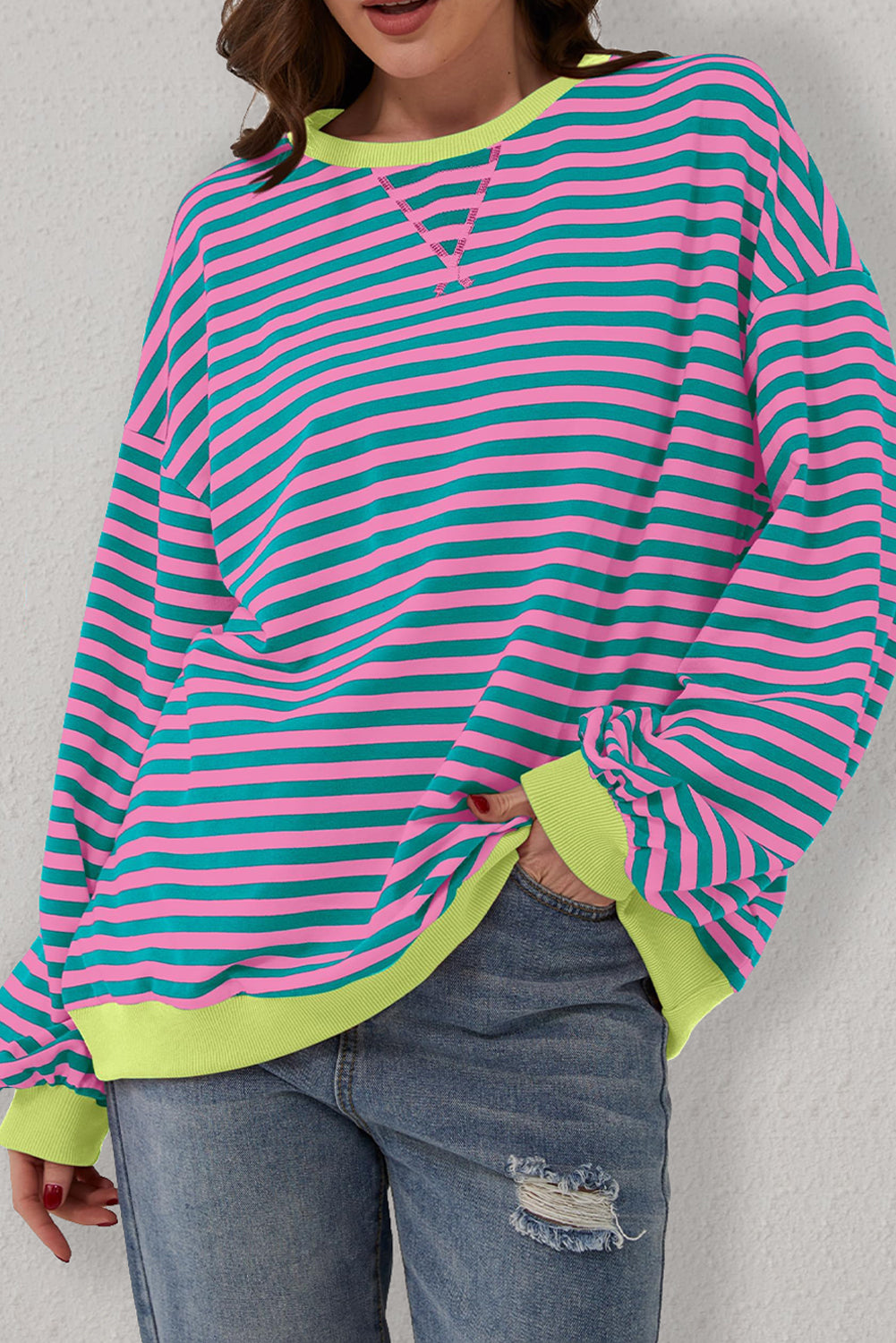 Green Stripe Oversized Contrast Trim Pullover Sweatshirt