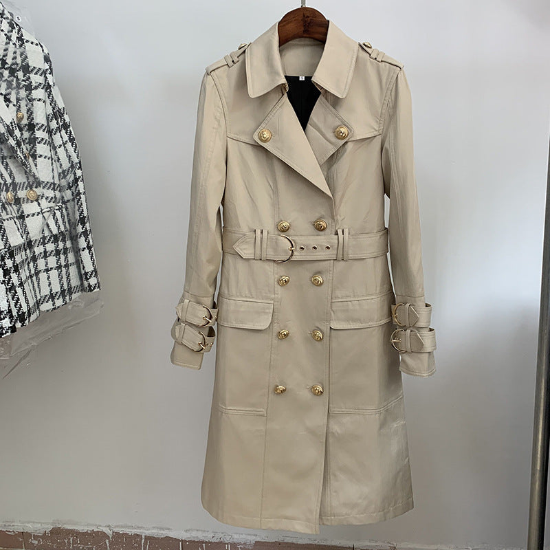 Buckle double-breasted belted long trench coat