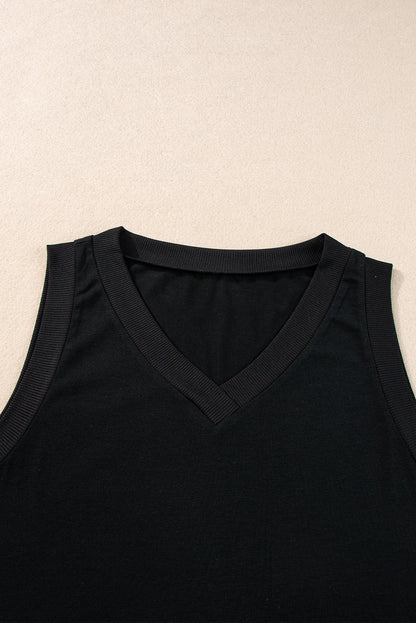 Black Ribbed V Neck Tank