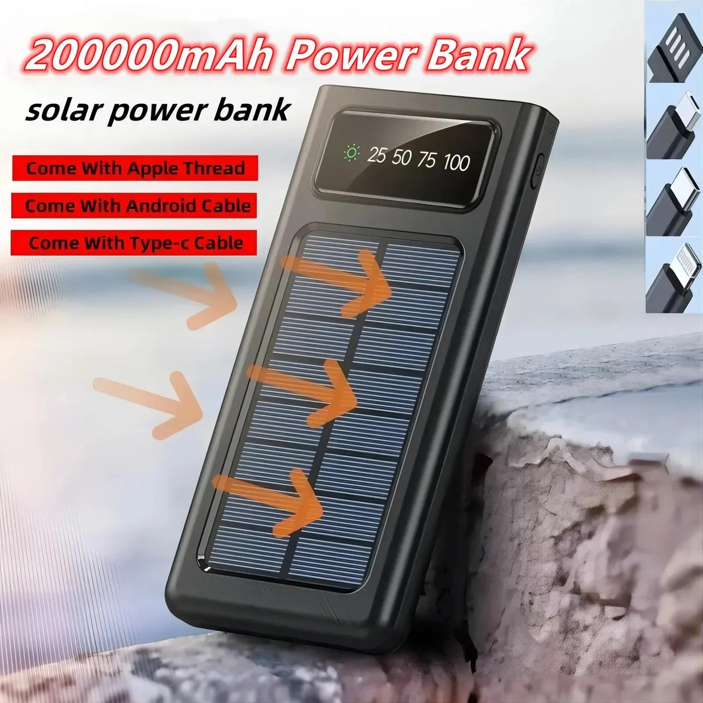 200000mAh Ultra-Large Capacity Power Bank Solar Charging Power Bank Comes With Four Wires Suitable For Samsung Apple Huawei