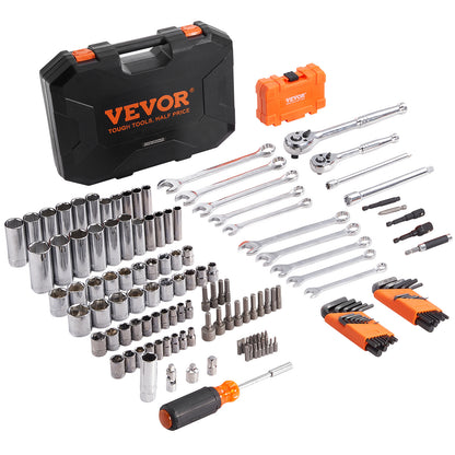 VEVOR Mechanics Tool Set And Socket Set,  Drive Deep And Standard Sockets, 145 Pcs SAE And Metric Mechanic Tool Kit With Bits, Combination Wrench, Hex Wrenches, Accessories, Storage Case