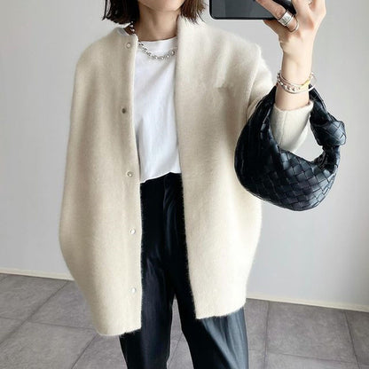 Women's Loose Round Neck Single-Breasted Cardigan – Solid Color Coat for Autumn and Winter