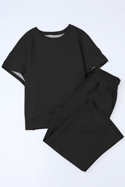 Black Textured Loose Fit T-Shirt and Drawstring Pants Set