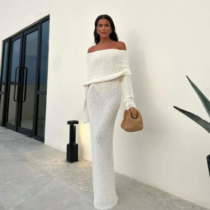 Summer Elegance: Sexy Women's Sheer Knit Maxi Dress with Long Sleeves