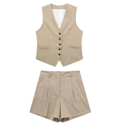 TRAF Women Elegant Solid Waistcoat Shorts Set 2024 Sleeveless Vest Top+High Waist Slim Shorts Lady Office Casual 2 Pieces Set