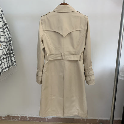 Buckle double-breasted belted long trench coat