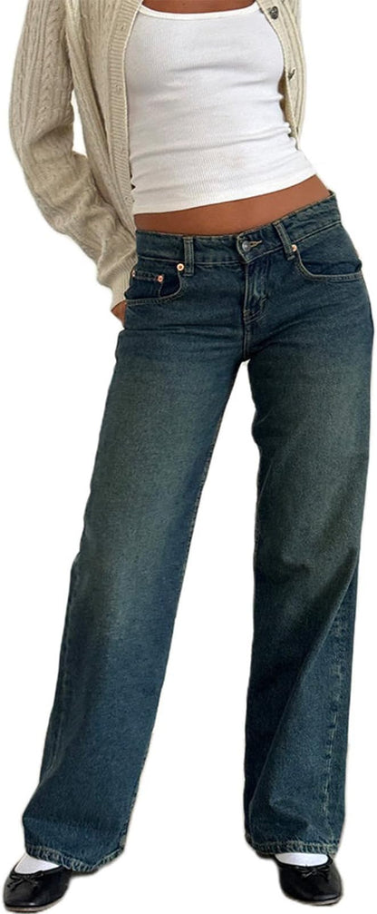 Women's Casual Low-Rise Straight-Leg Jeans with Pockets