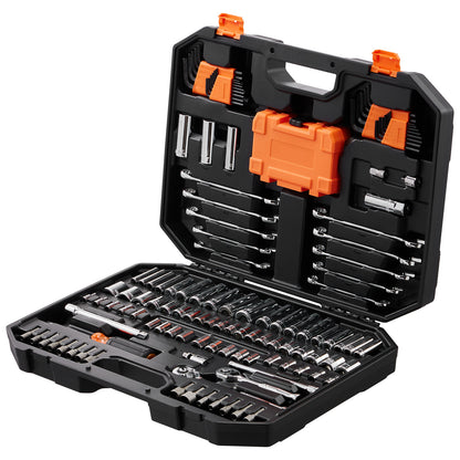 VEVOR Mechanics Tool Set And Socket Set,  Drive Deep And Standard Sockets, 145 Pcs SAE And Metric Mechanic Tool Kit With Bits, Combination Wrench, Hex Wrenches, Accessories, Storage Case