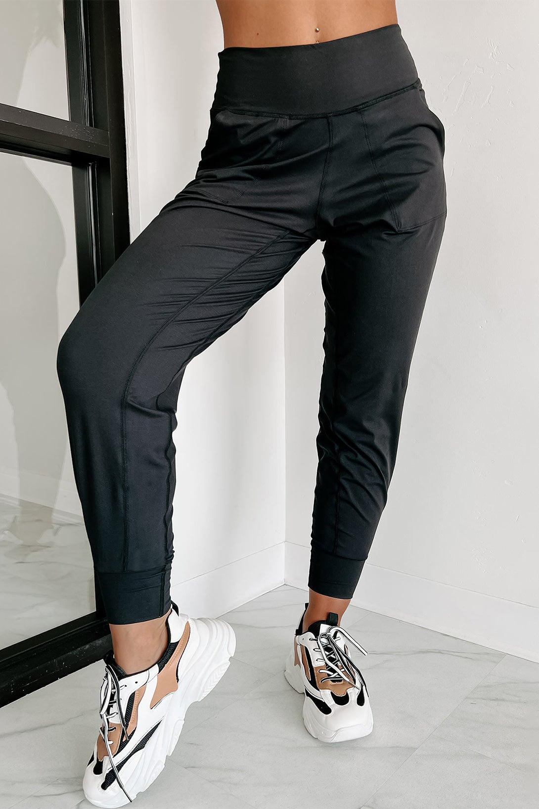 Black Exposed Seam High Waist Pocketed Joggers