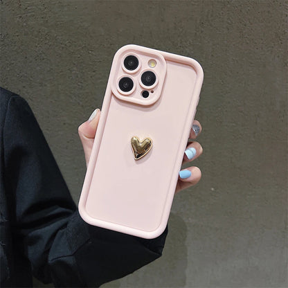 3D Gold Heart Silicone Soft Phone Case For iPhone 15 14 13 12 11 16 Pro Max XS XR 7 8 Plus SE 2020 Shockproof Candy Matte Cover