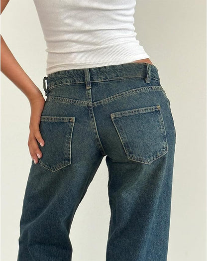 Women's Casual Low-Rise Straight-Leg Jeans with Pockets