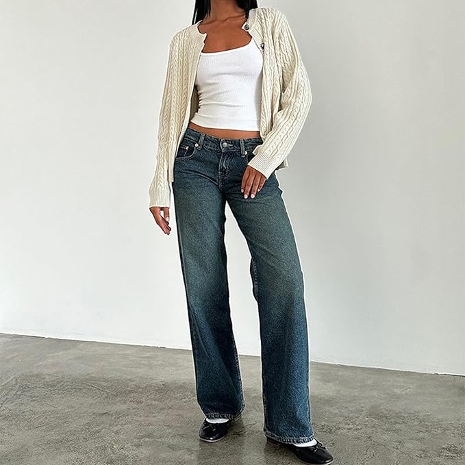 Women's Casual Low-Rise Straight-Leg Jeans with Pockets