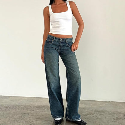 Women's Casual Low-Rise Straight-Leg Jeans with Pockets