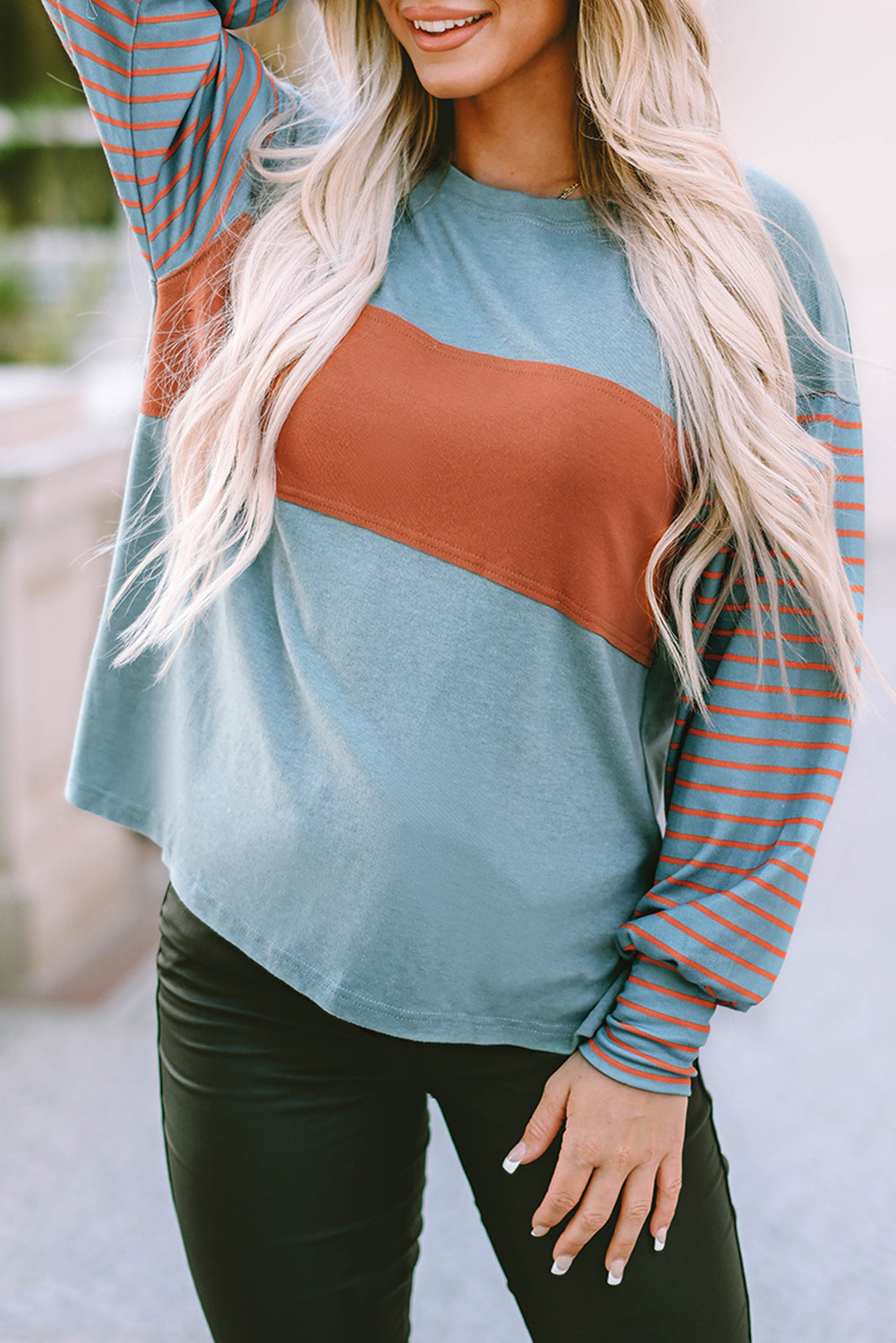 Green Color block Striped Bishop Sleeve Top