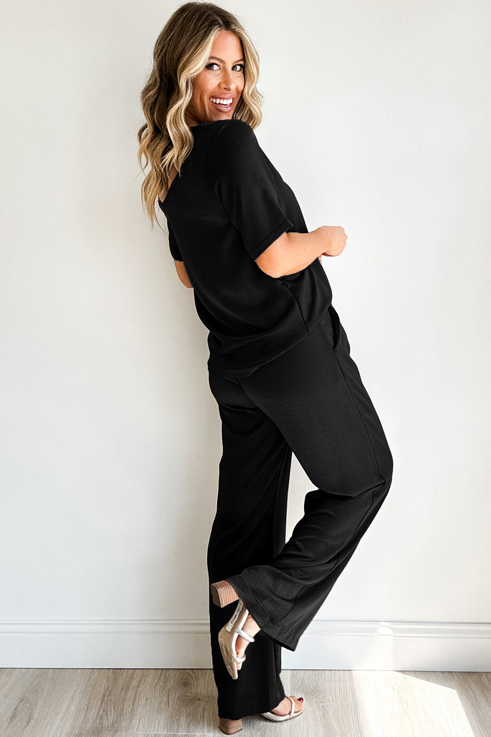 Black Solid Color T Shirt 2pcs Wide Leg Pants Set