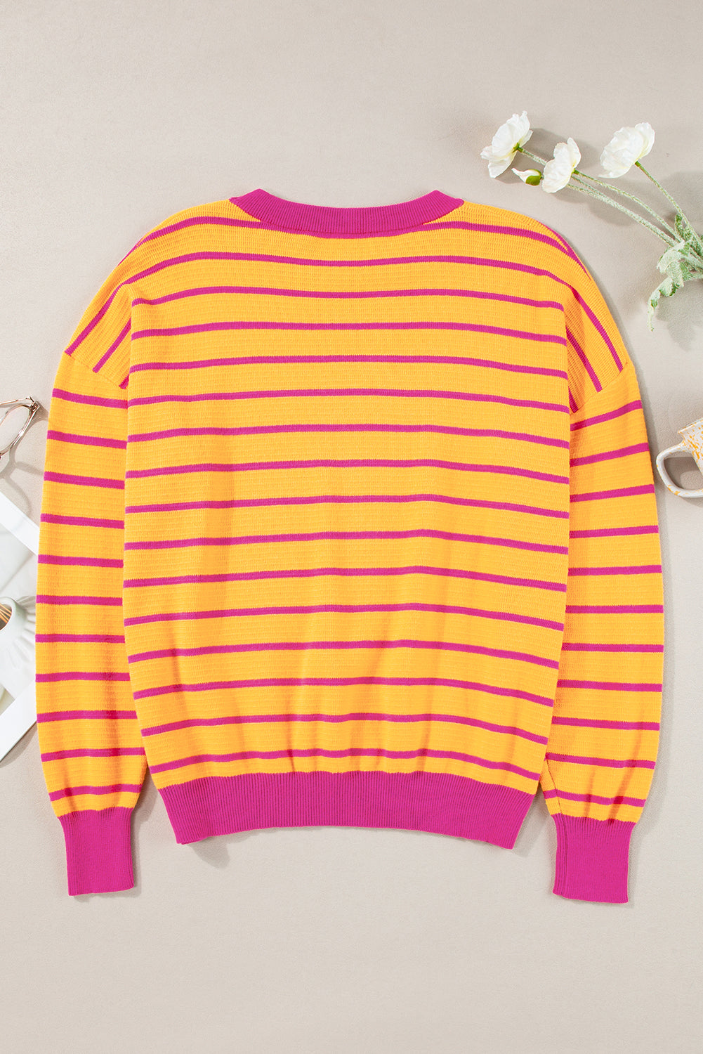 Orange Stripe Trimmed Round Neck Drop Shoulder Loose Sweater