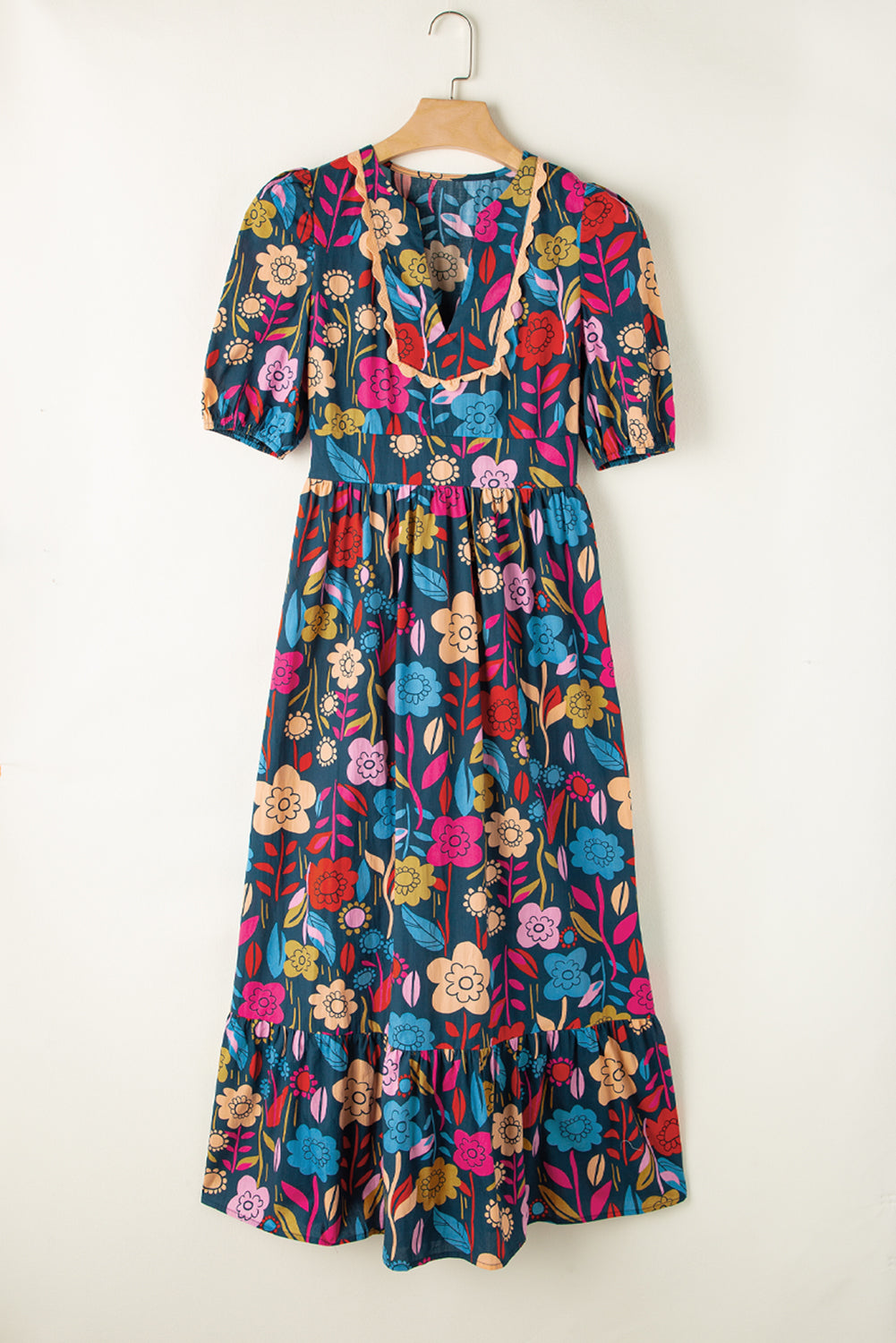 Green Retro Floral Printed Split Neck Maxi Dress