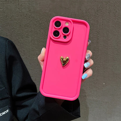 3D Gold Heart Silicone Soft Phone Case For iPhone 15 14 13 12 11 16 Pro Max XS XR 7 8 Plus SE 2020 Shockproof Candy Matte Cover