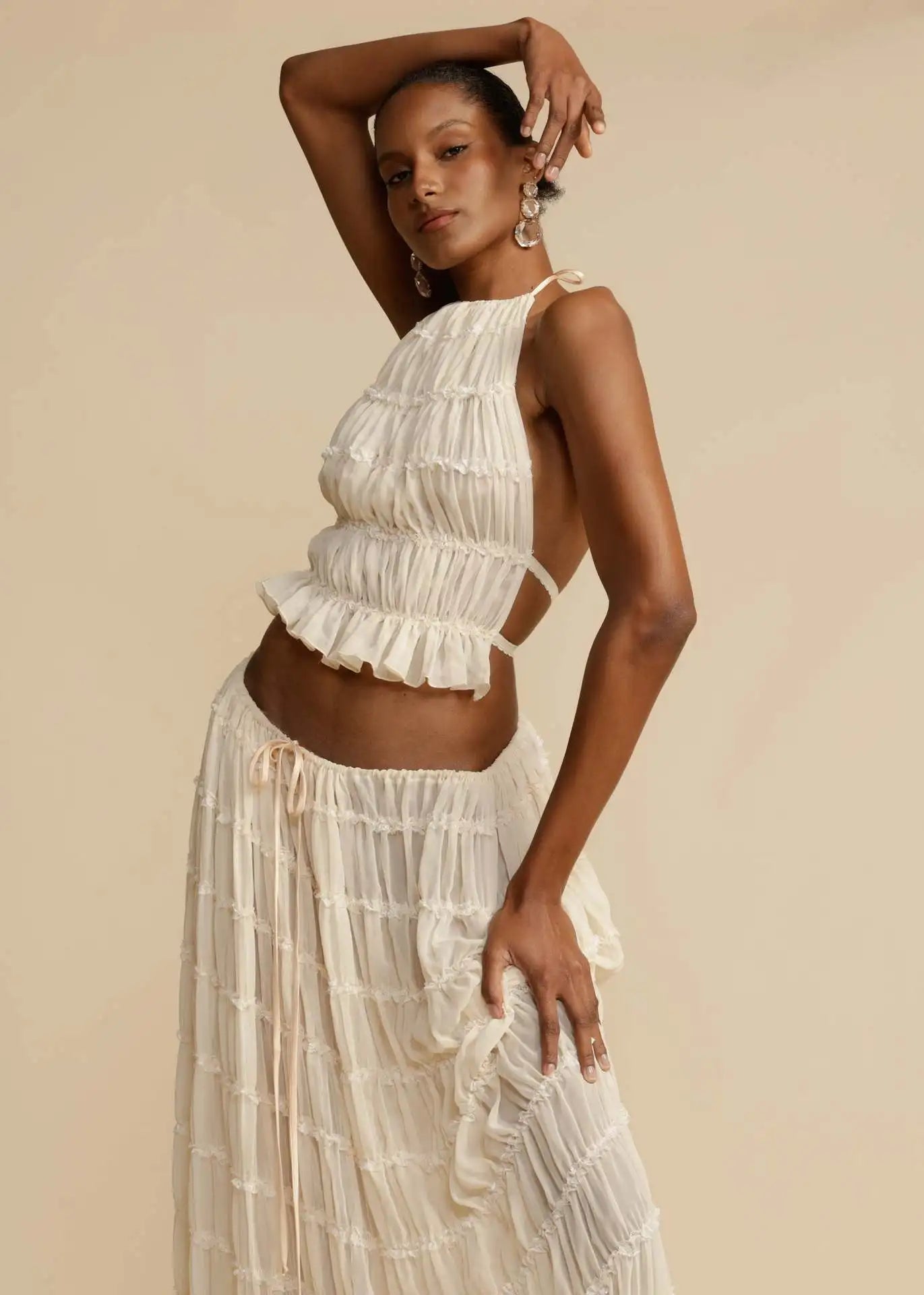 2024 Summer Women's Halter Neck 2-Piece Set – Backless Lace-Up Top and Fold Maxi Skirt | Chic Beachwear Outfit