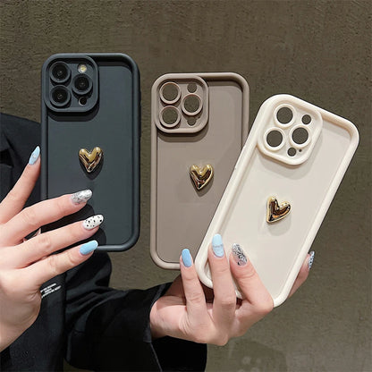 3D Gold Heart Silicone Soft Phone Case For iPhone 15 14 13 12 11 16 Pro Max XS XR 7 8 Plus SE 2020 Shockproof Candy Matte Cover