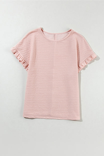 Light Pink Solid Textured Ruffled Short Sleeve Blouse