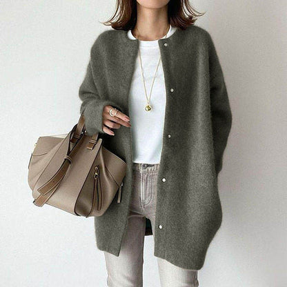 Women's Loose Round Neck Single-Breasted Cardigan – Solid Color Coat for Autumn and Winter