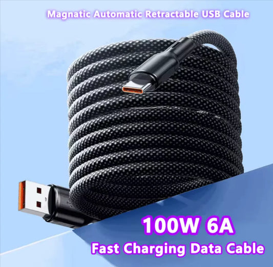 100W 6A  Magnetic Fast Charge USB C Cable - Easy Storage & Quick Data Sync for Samsung & Xiaomi Phones