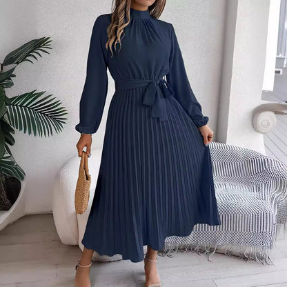 Elegant Stand Collar Long Sleeve Cinched Pleated Dress