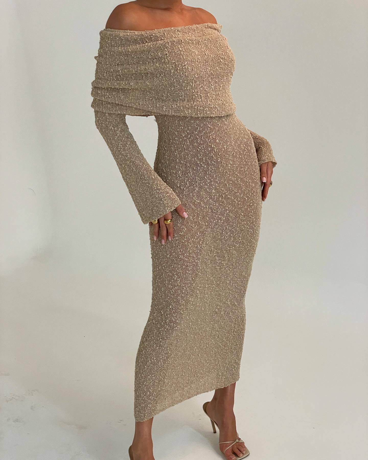 Summer Elegance: Sexy Women's Sheer Knit Maxi Dress with Long Sleeves