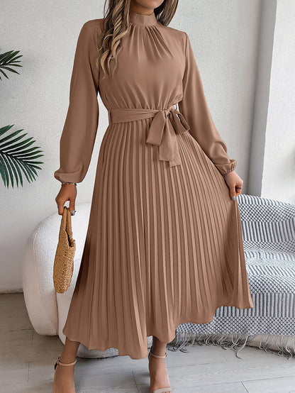 Elegant Stand Collar Long Sleeve Cinched Pleated Dress