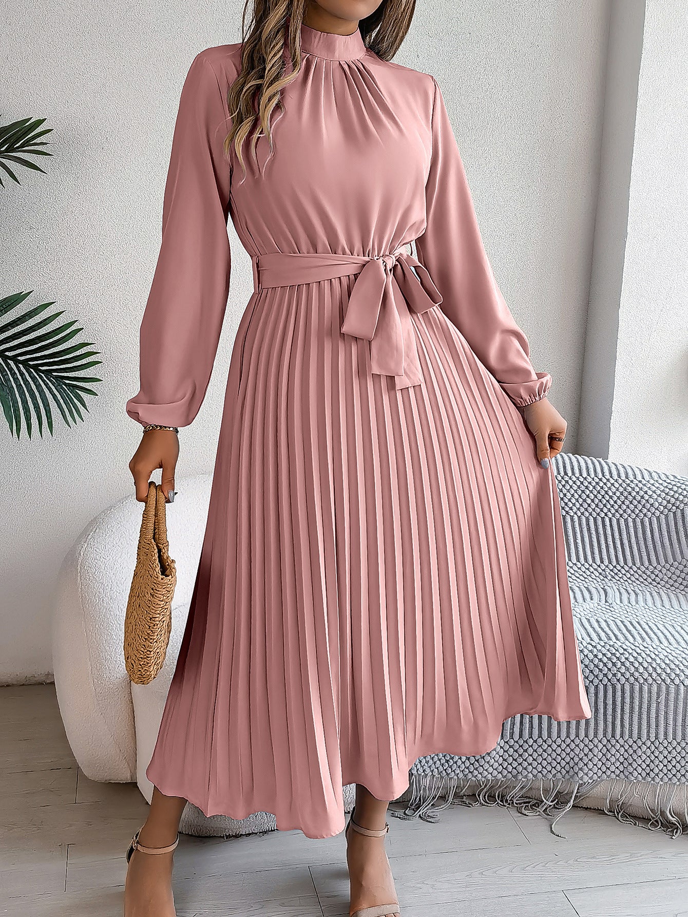 Elegant Stand Collar Long Sleeve Cinched Pleated Dress