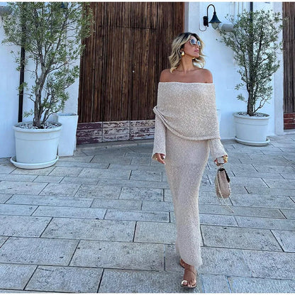 Summer Elegance: Sexy Women's Sheer Knit Maxi Dress with Long Sleeves