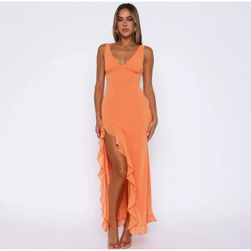 Elegant Sleeveless Ruffles Sexy Long Dress For Women Summer New Deep V-Neck Backless Thigh High Split Maxi Dress